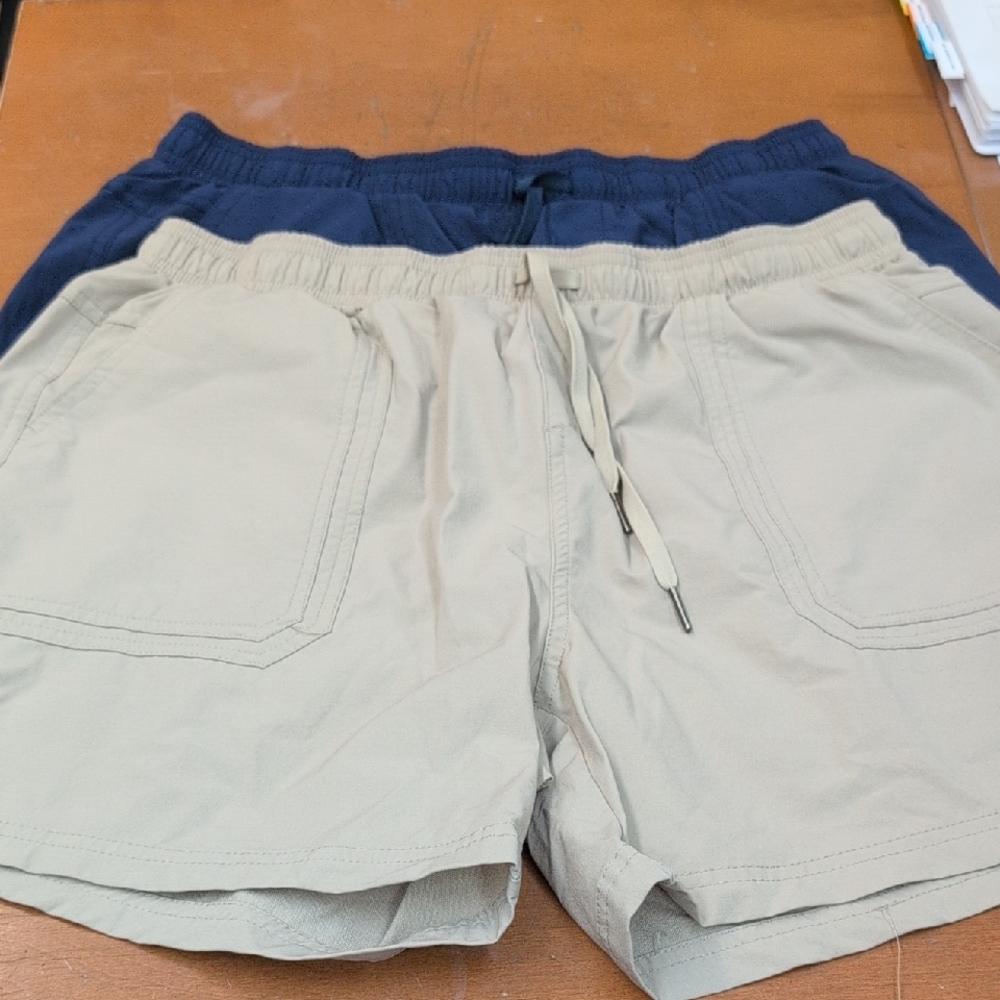 Athletic Tan and Blue Mid-Thigh Shorts with Elastic Waistband